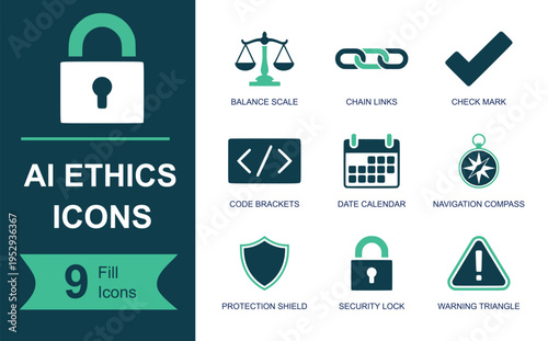 AI ethics icon set. Containing balance scale, chain links, check mark, code symbol, date calendar, compass, shield, lock, warning, privacy, governance and more. Solid vector icons.