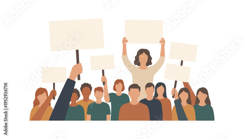 A diverse group of people holding blank protest signs in illustration style