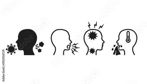Virus silhouette icons showing symptoms of illness and infection