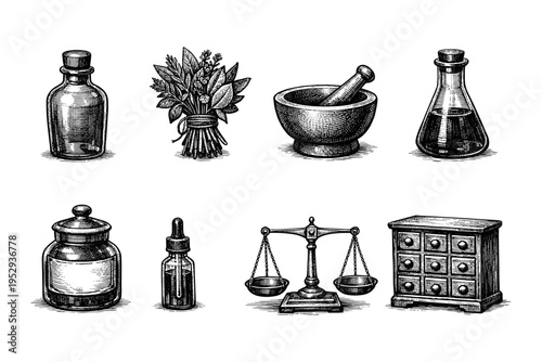Vintage apothecary and herbalist tools illustration with bottles, mortar, scales, and cabinet
