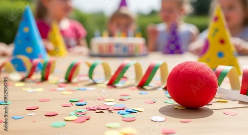Birthday celebration with cake, hats, streamers, confetti, and blurred children