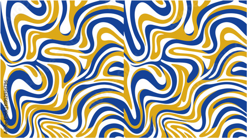 A vibrant abstract pattern featuring swirling blue, yellow, and white lines