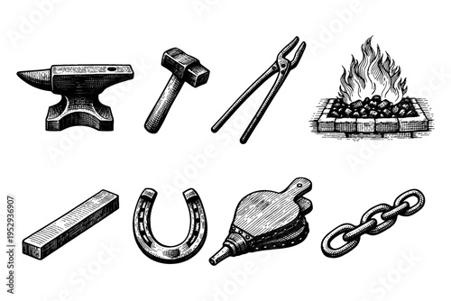Collection of blacksmithing tools and materials in a vintage engraving style