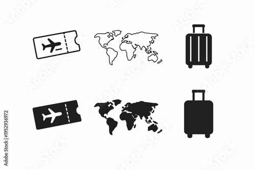 Airplane ticket, world map, and luggage icons for travel themes