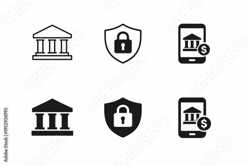 Banking and security icons: mobile, lock, and building symbols