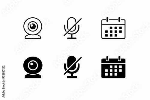 Webcam unavailable microphone muted calendar icons in black and white design