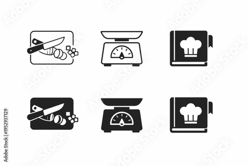 Cooking icons set: cutting board, scale, recipe book illustrations