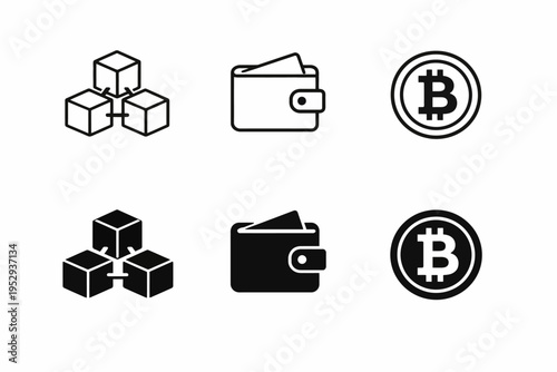 Blockchain network, cryptocurrency wallet, bitcoin logo icons in black and white