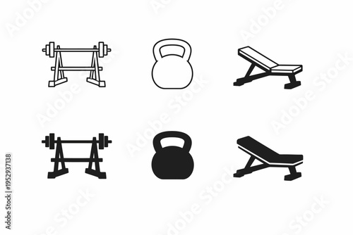 Fitness equipment icons: barbell rack, kettlebell, and workout bench