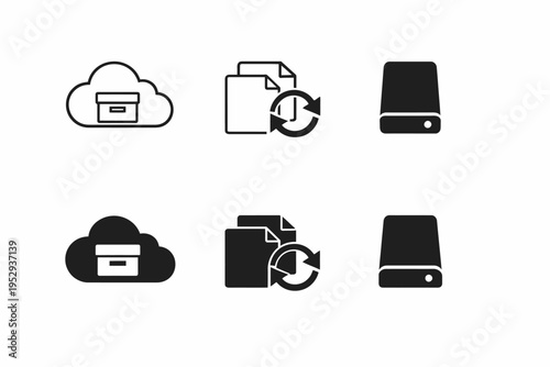 Cloud storage icons set featuring cloud, documents, and hard drive symbols