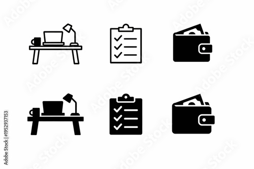 Icon set: desk, checklist, wallet - office and finance theme