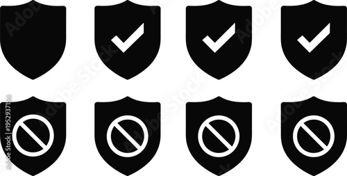 Security Shield Icon Set with Check Mark and Prohibition Symbols Representing Protection Verification Safety Access Control Concept Flat Vector Illustration