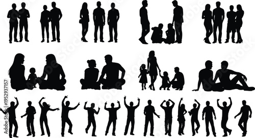 People silhouettes collection with families couples and groups, social interaction and lifestyle concept, community scenes illustration, black vector figures set isolated on white background