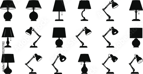 Table and desk lamp silhouettes collection, home lighting design concept, modern and classic lamps illustration, interior decor elements, black vector icons isolated on white background
