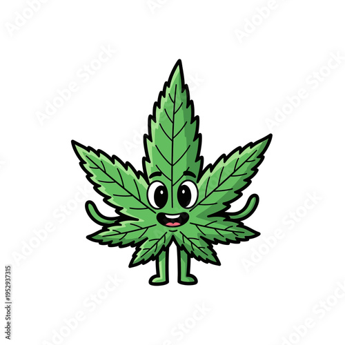 A cute cartoon illustration of a smiling cannabis leaf with arms and legs, standing and waving.