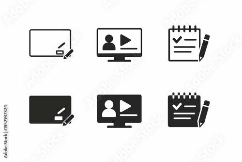 Set of educational icons: whiteboard, video lecture, checklist, pen