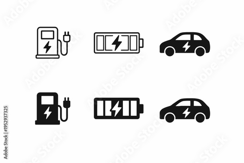Electric vehicle icons: charging station, battery, car symbol set