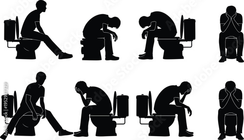 Man silhouettes sitting on toilet expressing discomfort, health and digestive problem concept, stomach pain illustration, bathroom situations, black vector figures isolated on white background