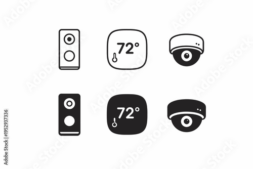 Smart home icons set featuring doorbell, thermostat, and security camera