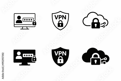 Cybersecurity icons: vpn, cloud, and password protection symbols