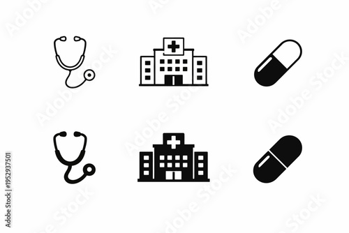 Medical icons set: stethoscope, hospital, and capsule designs in black and white