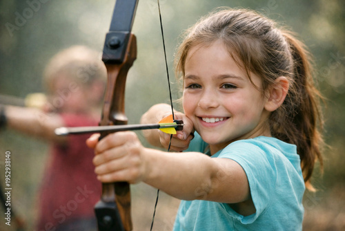Smiling girl aims bow and arrow while practicing archery outdoors, focused and confident during youth recreation session in sunlit forest clearing. Playful, active, skill-building moment with friends 