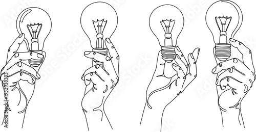 Minimalist line art of hands holding light bulbs, creativity concept, innovation symbol, vintage sketch, continuous drawing style