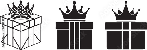 Three gift boxes vector icons topped with a five-pointed royal crown