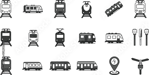 Railway icon set, train infrastructure, electric subway tram, signal switch symbols, black vector transport, front side views, transit design