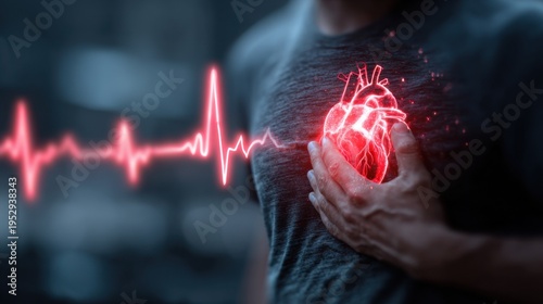 Heart beats strongly in human chest with heartbeat line displayed in background, showing health and vitality in medical concept