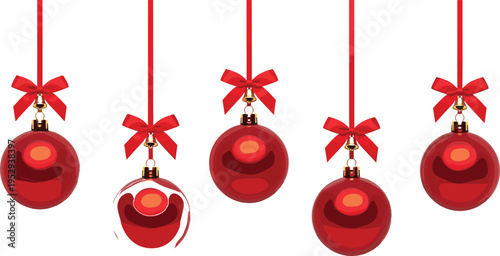 Red Christmas ornament illustration set, glossy baubles with bows and ribbons, festive hanging decorations, holiday clipart bundle