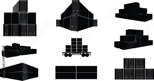 Shipping container silhouettes, stacked configurations, trailer transport icons, black vector logistics, cargo arrangement, industrial freight, export import, storage design