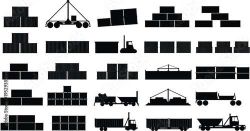 Shipping container transport, logistics silhouettes, crane forklift truck, black vector icons, cargo handling, industrial freight, export import, stacked views