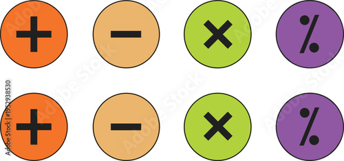 Colorful Mathematical Operator Icon Set with Plus Minus Multiply Percentage Symbols in Circular Outline Shapes for Education Calculator UI Design Illustration