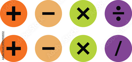 Mathematical Operator Icon Set with Plus Minus Multiply Divide Symbols in Colorful Circular Shapes for Education Calculator UI Design Illustration