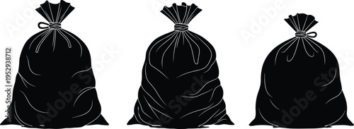 Silhouette sketch of tied garbage bags, waste disposal concept, sanitation design, environmental illustration, vintage style, trash container art