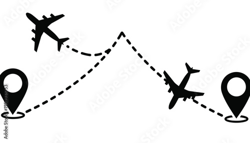 Airplane flight path vector illustration with map pin icons