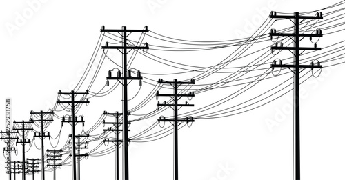 Silhouette sketch of utility poles with power lines, electrical infrastructure, energy distribution, vintage illustration, engineering design, connectivity system