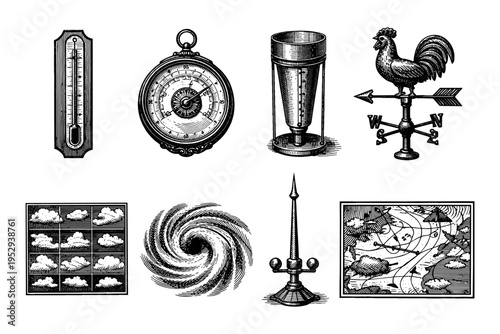 Vintage weather instruments and meteorological illustrations in a collage