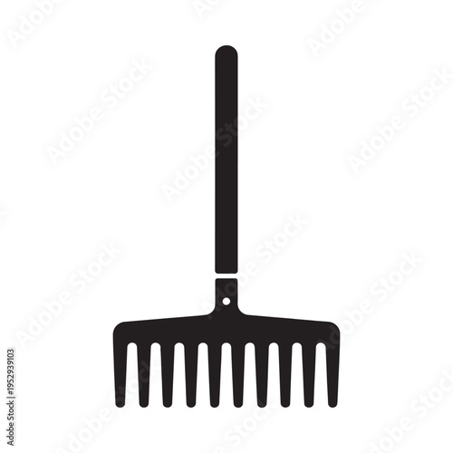 Simple black silhouette of a garden rake isolated on a white background