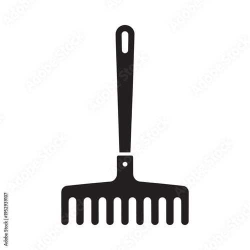 A simple black silhouette of a garden hand rake with a handle