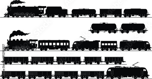 Train silhouette clipart, locomotive icons, railcar vector set, steam engine graphics, modern train shapes, black railway elements, transport illustration bundle