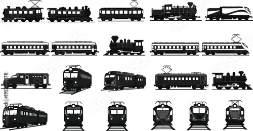 Train silhouette clipart, steam electric locomotive icons, passenger freight car vector, black railway graphics, transportation illustration set