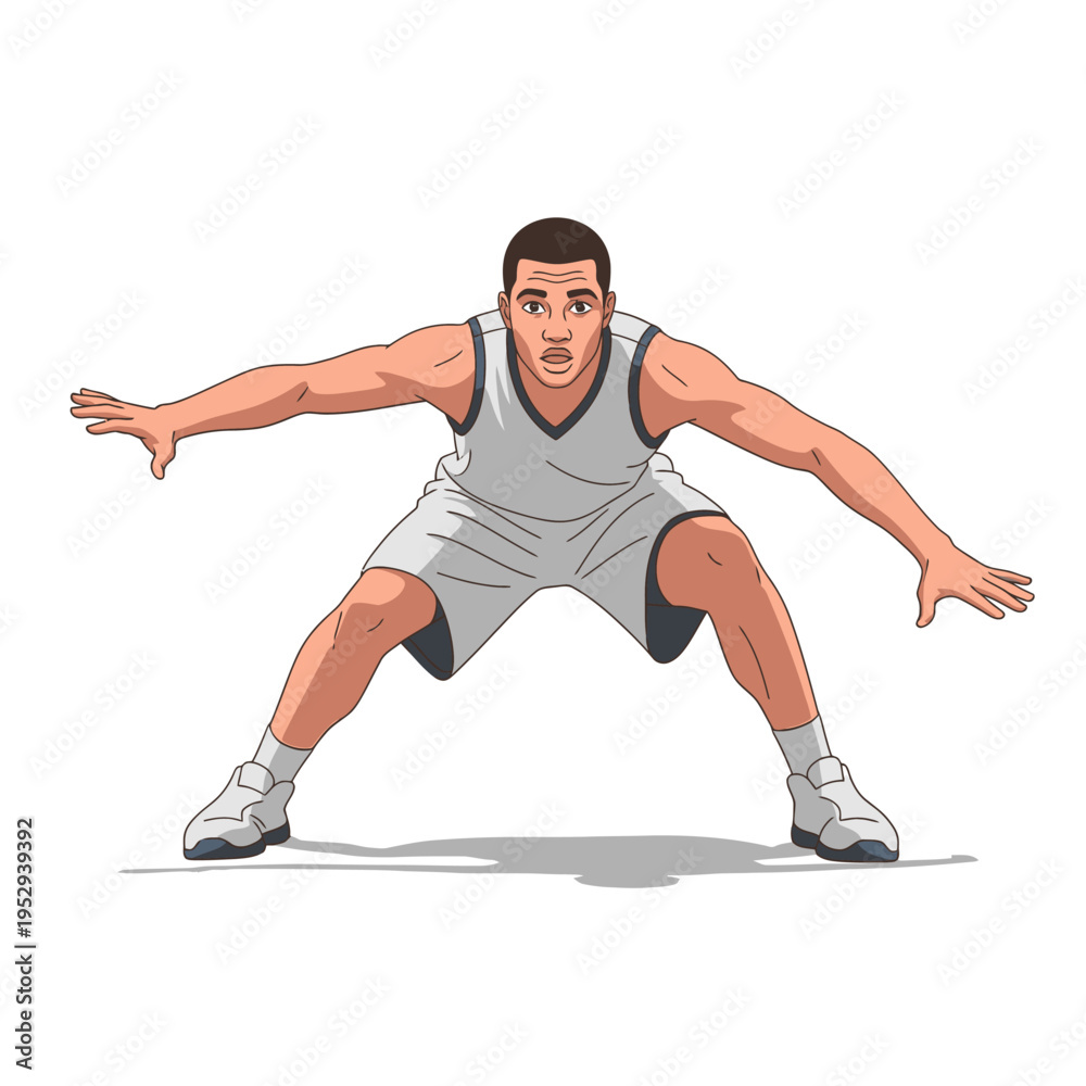 Naklejka premium Basketball player in defensive stance ready for action.