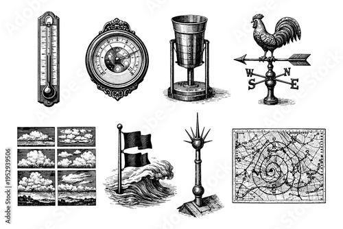 Vintage weather instruments and meteorological charts in a detailed engraving style