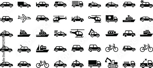 Vehicle icon set, transport silhouettes, car truck airplane boat, black vector collection, mobility modes, construction bike helicopter graphic