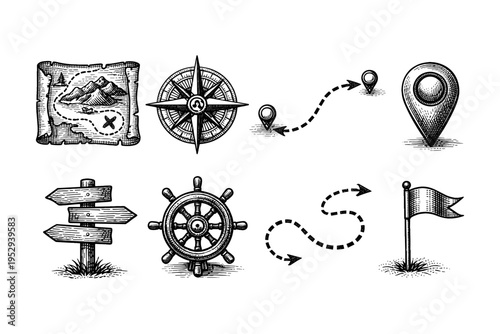 Vintage nautical navigation icons including map, compass, and steering wheel
