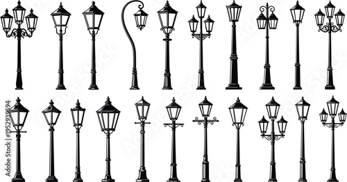 Vintage street lamps, silhouette design, ornate lamp posts, decorative lanterns, scrollwork poles, urban lighting, historical style, outdoor elegance, classic infrastructure, artistic sketch