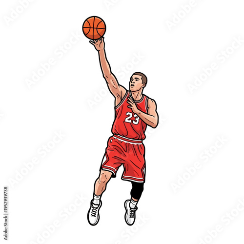 Basketball player in red uniform shooting a jump shot.