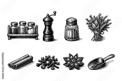 Collection of vintage-style spices and seasonings in a black and white illustration